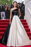 Black&White A Line Ruched One Shoulder Long Gala Dress