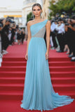 Sky Blue One Shoulder A Line Chiffon Ruched Beaded Gala Dress