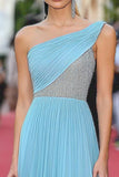 Sky Blue One Shoulder A Line Chiffon Ruched Beaded Gala Dress