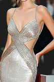 Sparkly Silver Sheath Spaghetti Straps Cut Out Gala Dress