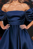 Navy A Line Off The Shoulder Gala Dress with Puff Sleeves