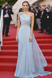 Elegant Sky Blue One Shoulder A Line Gala Dress with Beading