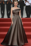 Elegant Steel Grey One Shoulder Ruched A-Line Long Gala Dress