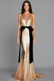 Gold Mermaid Deep V Neck Sequins Long Gala Dress with Black Bow