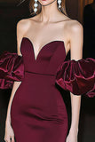 Burgundy Satin Mermaid Gala Dress with Puff Sleeves