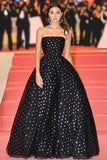 Black Strapless Ball Gown Gala Dress with Polka Dots