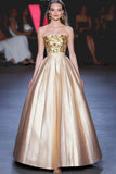 Sparkly Gold A Line Sequins Metallic Satin Gala Dress