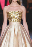 Sparkly Gold A Line Sequins Metallic Satin Gala Dress