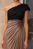 Brown Crepe Sheath Ruched One Shoulder Gala Dress