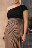 One Shoulder Brown Ruched Sheath Plus Size Long Formal Dress
