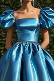 Square Neck Short Sleeves Blue Satin A Line Gala Dress