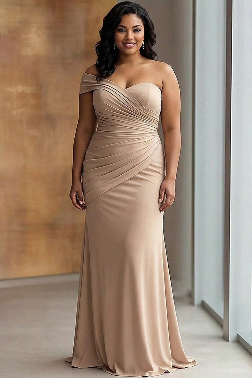 Zapaka Women Plus Size Sheath Long Formal Dress Light Khaki One Shoulder Pleated Satin Evening Dress, Light Khaki / US20W Zapaka Women Plus Size Sheath Long Formal Dress Light Khaki One Shoulder Pleated Satin Evening Dress, Light Khaki / US20W