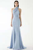 Light Blue Halter Crepe Sheath Ruched Gala Dress