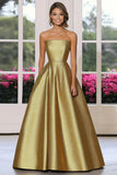 Chic Metallic Gold Satin A Line Strapless Gala Dress