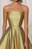 Chic Metallic Gold Satin A Line Strapless Gala Dress