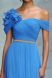 Blue A Line Off The Shoulder Ruched Long Gala Ball Dress