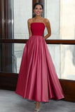 A Line Straight Strapless Satin Red&Pink Long Gala Ball Dress