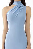 Sheath Light Blue Halter Crepe Long Gala Ball Dress