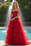 A Line Ruffled Red Organza Sweetheart Long Prom Dress