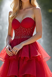 A Line Ruffled Red Organza Sweetheart Long Prom Dress