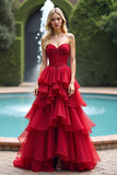 Ruched Red Sweetheart Rufled A Line Long Prom Dress