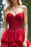 Ruched Red Sweetheart Rufled A Line Long Prom Dress