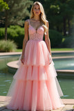 Pink Spaghetti Strap A Line Long Appliqued Ruffled Prom Dress