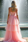 Pink Spaghetti Strap A Line Long Appliqued Ruffled Prom Dress