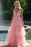 Pink Spaghetti Strap A Line Long Appliqued Ruffled Prom Dress