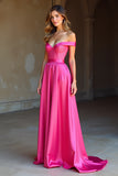 Satin Off The Shoulder A Line Simple Fuchsia Prom Dress