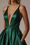 Dark Green A Line Deep V-Neck Satin Prom Dress With Slit