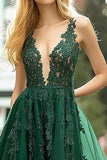 Dark Green V-Neck Appliqued Tulle Long Prom Dress with Slit