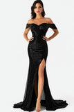 Sparkly Off The Shoulder Mermaid Long Black Prom Dress with Slit