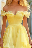 Yellow Ruffled A Line Long Prom Dress with Slit