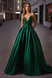 Elegant Satin Dark Green A Line Spaghetti Straps Long Prom Dress