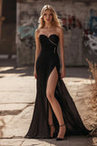 Simple Chiffon Long Sweetheart Black Prom Dress with Slit