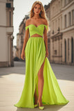 Lemon Green 2-Piece Off The Shoulder Cut Out Prom Dress with Slit