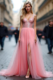 Sparkly Pink A Line Tulle Prom Dress with Slit