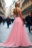 Sparkly Pink A Line Tulle Prom Dress with Slit