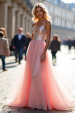 Sparkly A Line Tulle Spaghetti Straps Pink Prom Dress