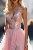 Sparkly Spaghetti Straps Corset Pink Prom Dress with Slit