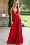 Red A Line Deep V-Neck Chiffon Bridesmaid Dress