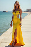 Yellow Sheath V-Neck Cut Out Bridesmaid Dress