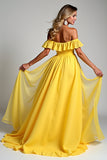 A Line Yellow Off The Shoulder Ruffled Chiffon Bridesmaid Dress