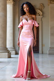 Elegant Off The Shoulder Pink Satin Long Prom Dress with Slit