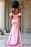 Elegant Off The Shoulder Pink Satin Long Prom Dress with Slit