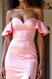 Elegant Off The Shoulder Pink Satin Long Prom Dress with Slit