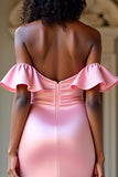 Elegant Off The Shoulder Pink Satin Long Prom Dress with Slit