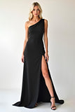 Elegant Chiffon Black One Shoulder Prom Dress with Slit