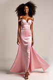 Pink Satin Off the Shoulder Long Prom Dress with Slit